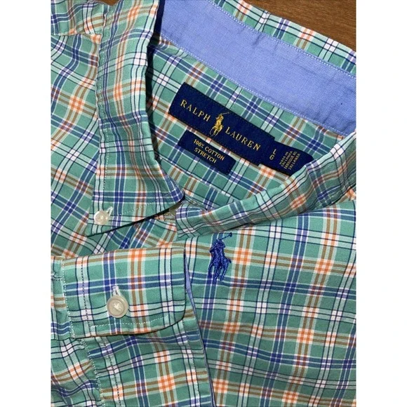 Ralph Lauren 100% Cotton Stretch Shirt Men L Colorful Plaid Long Sleeve Preppy - Picture 1 of 7